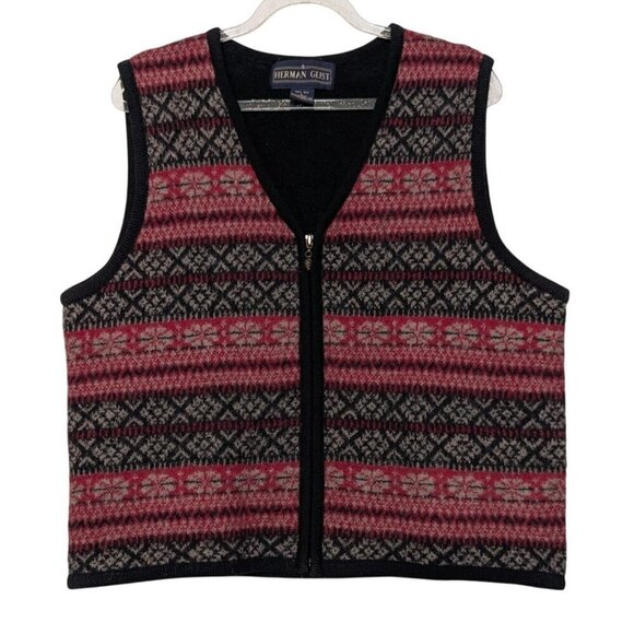 Herman Geist Fair Isle Vest Womens Size Large Black Red Wool Vintage Sleeveless - Picture 1 of 9